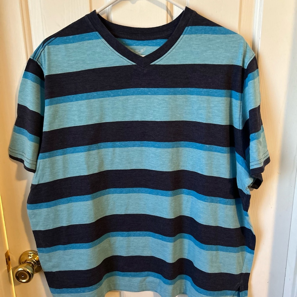 Faded Glory V-Neck T-Shirt in blue, aqua & navy stripes.